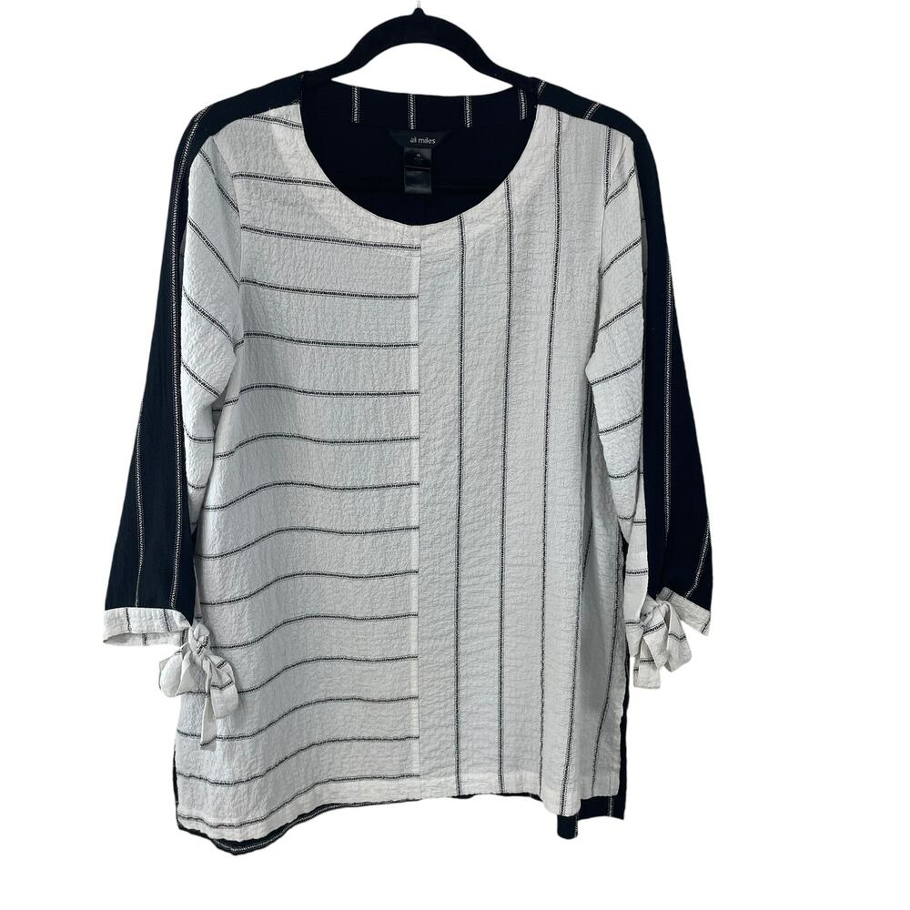 Ali Miles 3/4 Tie Sleeve Black White Striped Tunic Top Womens Medium ASIS